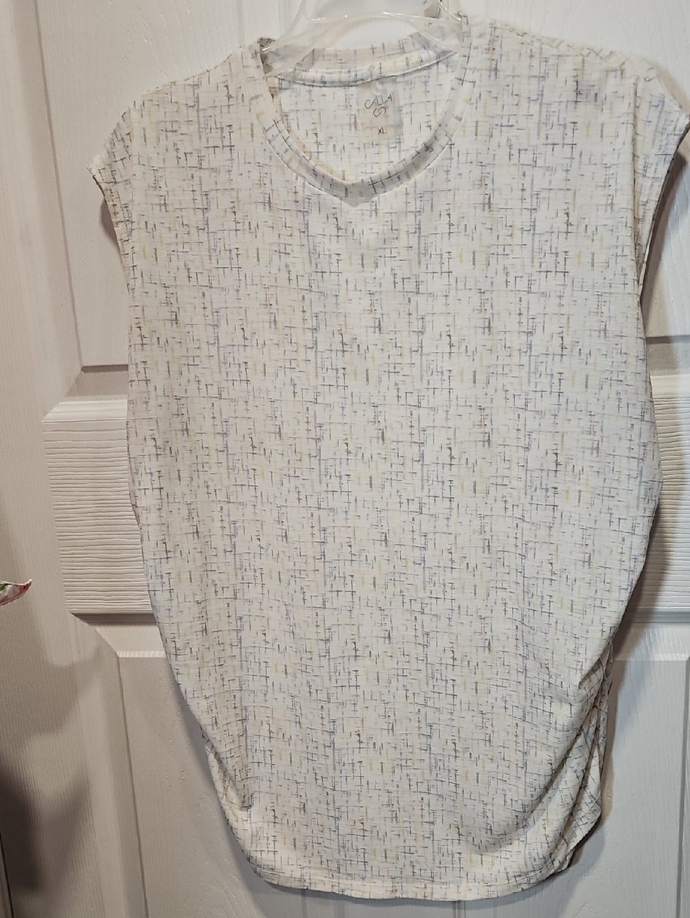 CALIA by Carrie Underwood White Tank with Subtle Blue and Tan Linear Pattern